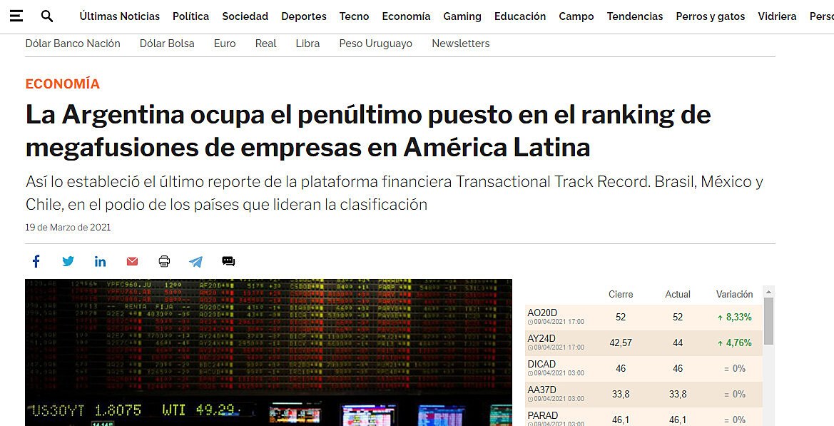 La Argentina ocupa el penltimo puesto en el ranking de megafusiones de empresas en Amrica Latina